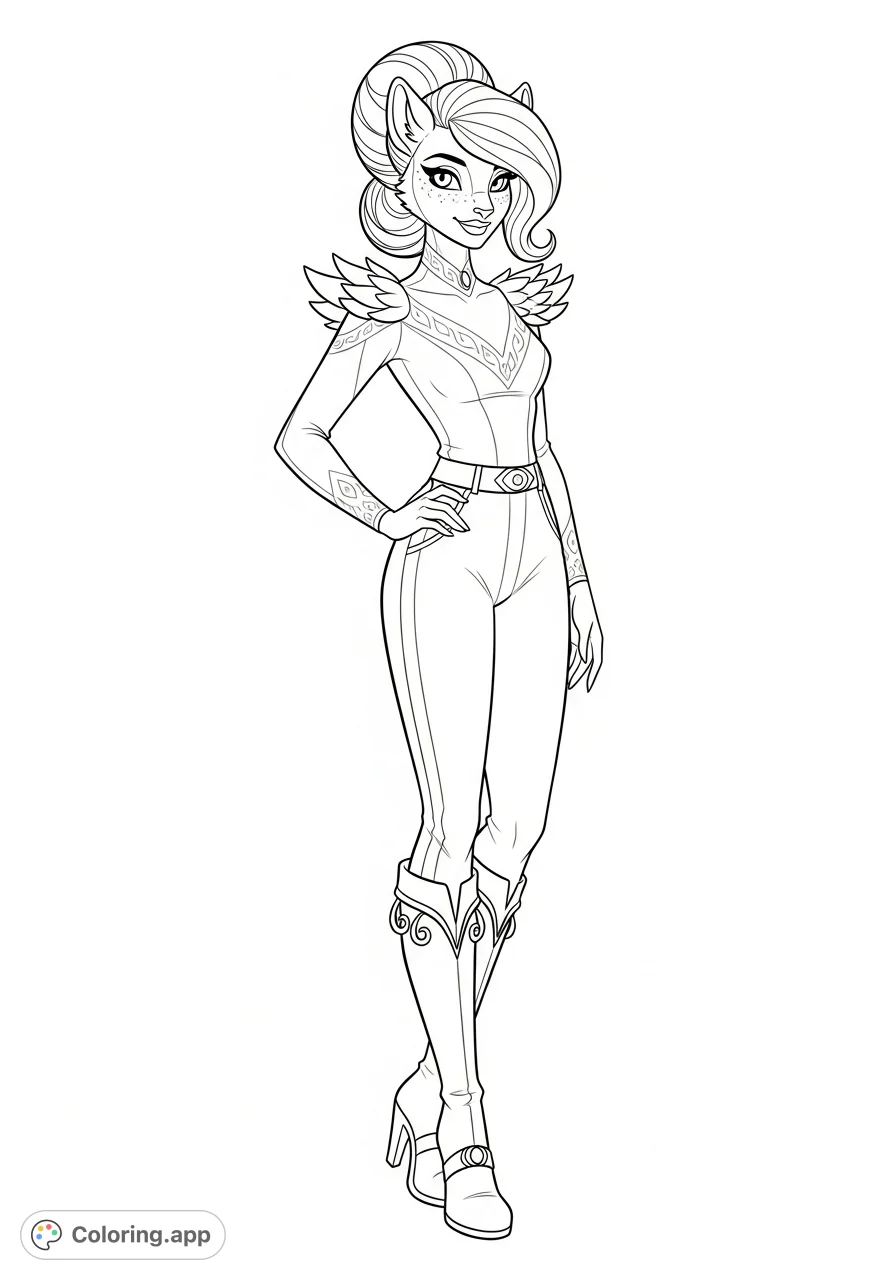 An elegant hedgehog princess with human grace and subtle quill details. She wears a fashionable outfit, exuding confidence and warmth, perfect for detailed coloring.
