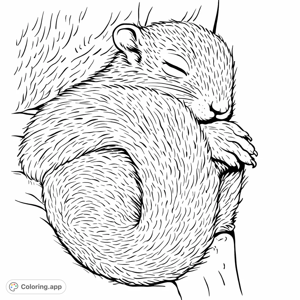 An adorable baby squirrel curled up in peaceful slumber, perfect for a cozy and relaxing coloring experience. Embrace the calm of nature!