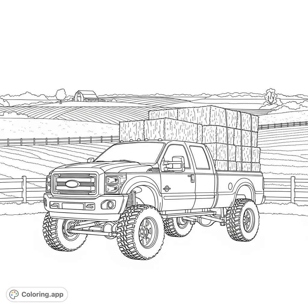 Color a powerful lifted F450 farm truck, loaded with hay bales, set against a rustic rural landscape. A fantastic free printable for truck and farm enthusiasts!