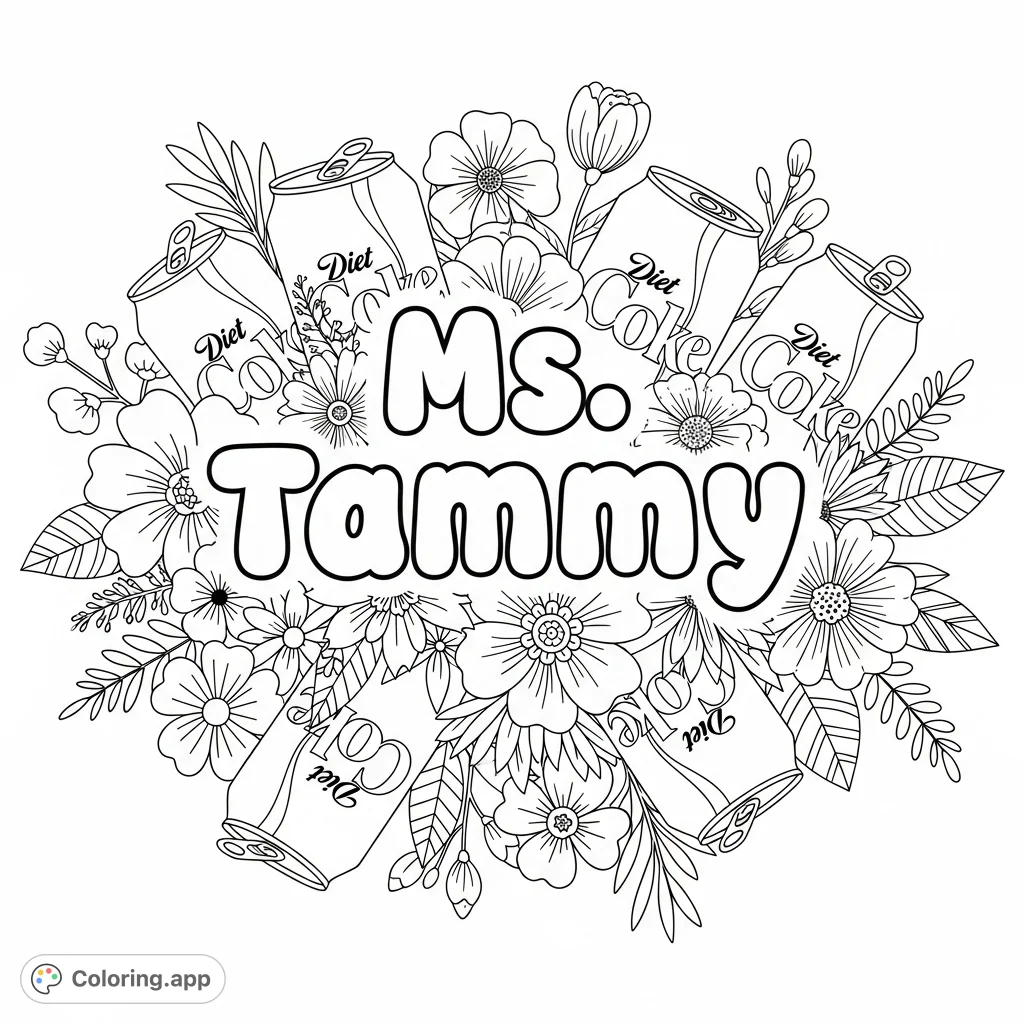 A unique personalized coloring page featuring "Ms. Tammy" in bubble letters, artfully framed by an assortment of detailed flowers and classic Diet Coke cans.