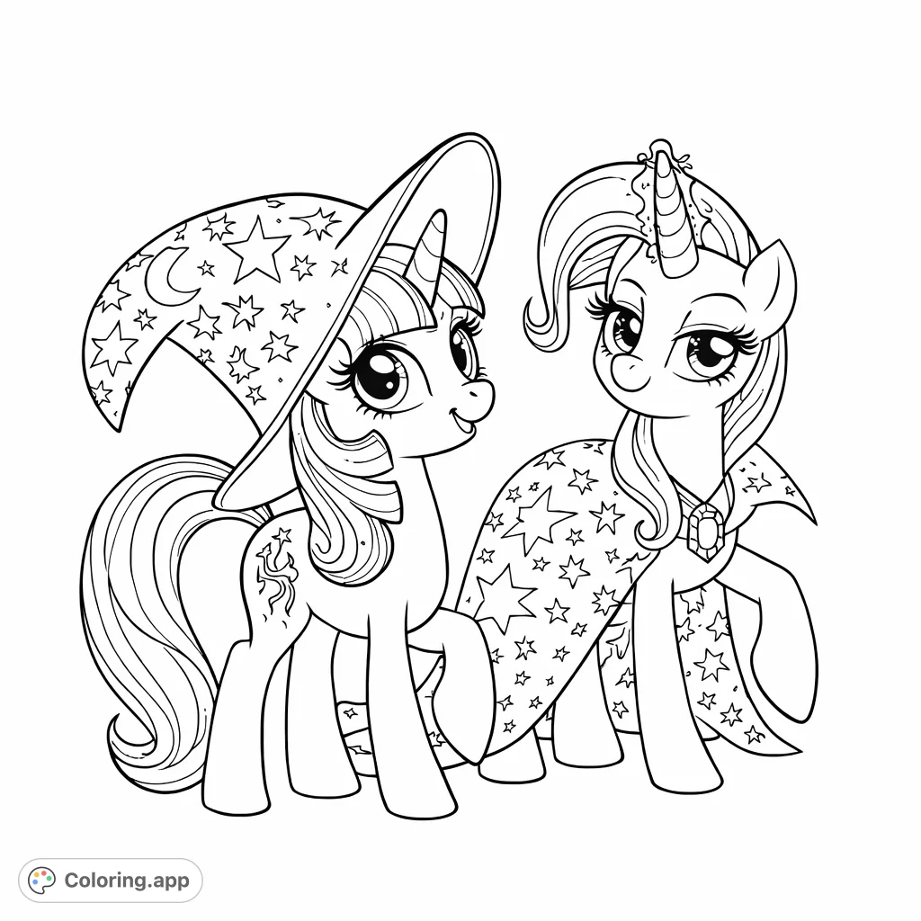 Two enchanted unicorn-like ponies, one in a wizard hat, the other with a starry cape, sharing a magical moment. Intricate patterns for creative coloring.