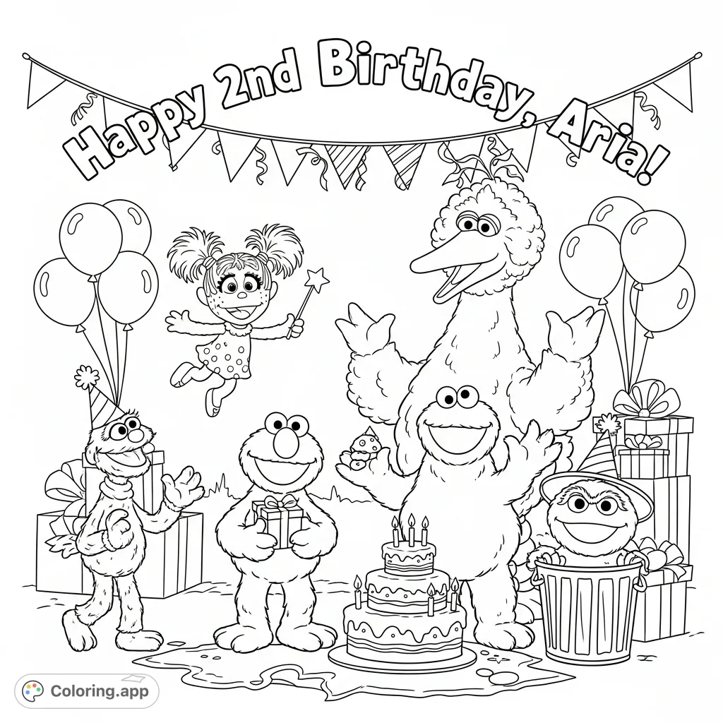 A delightful Sesame Street birthday coloring page featuring Elmo, Cookie Monster, Abby, Big Bird, Grover, and Oscar celebrating Aria's 2nd birthday with gifts and cake.