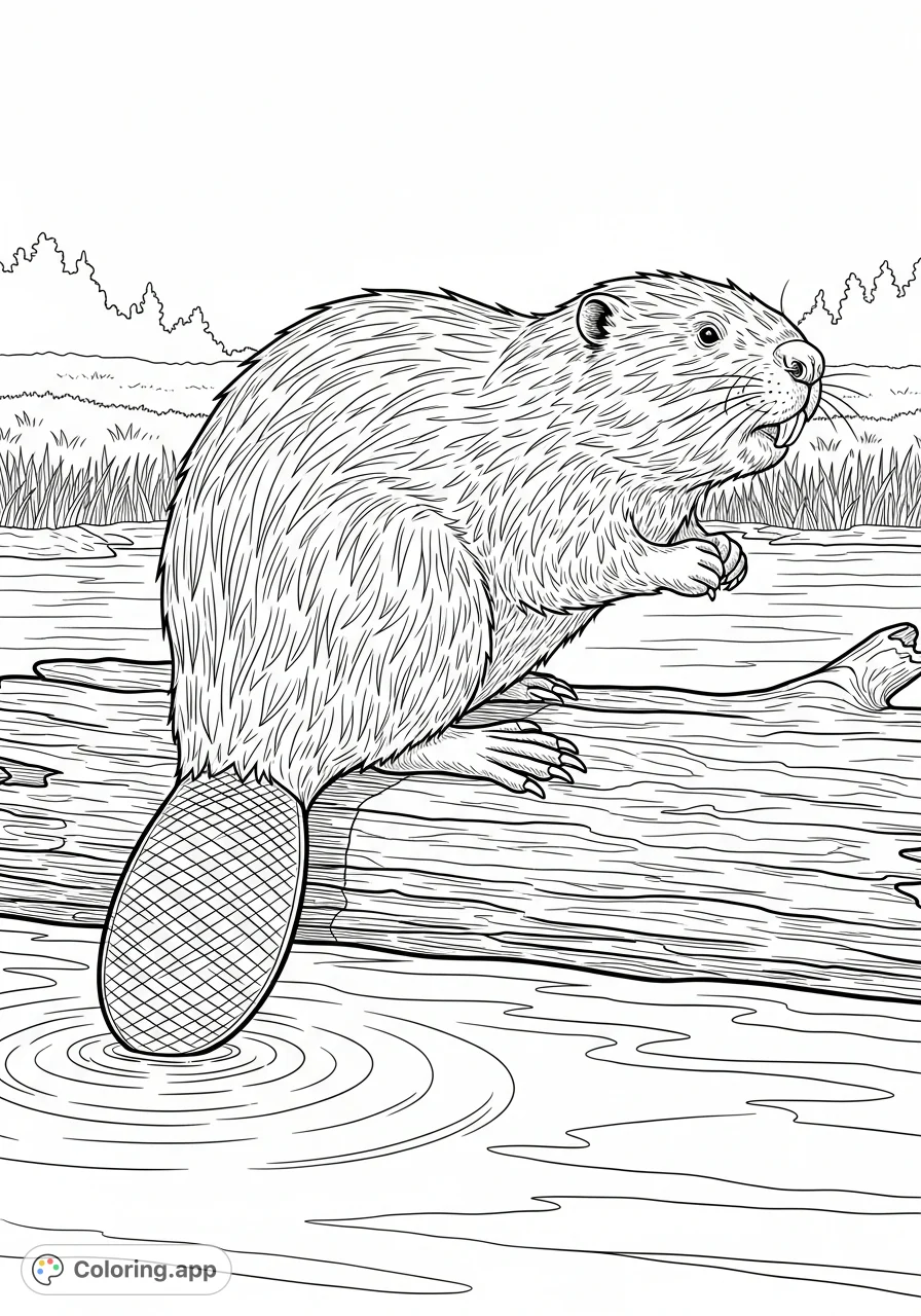 Discover a realistic beaver coloring page, featuring a detailed beaver on a log in its natural riverine habitat. Perfect for nature lovers and wildlife enthusiasts.