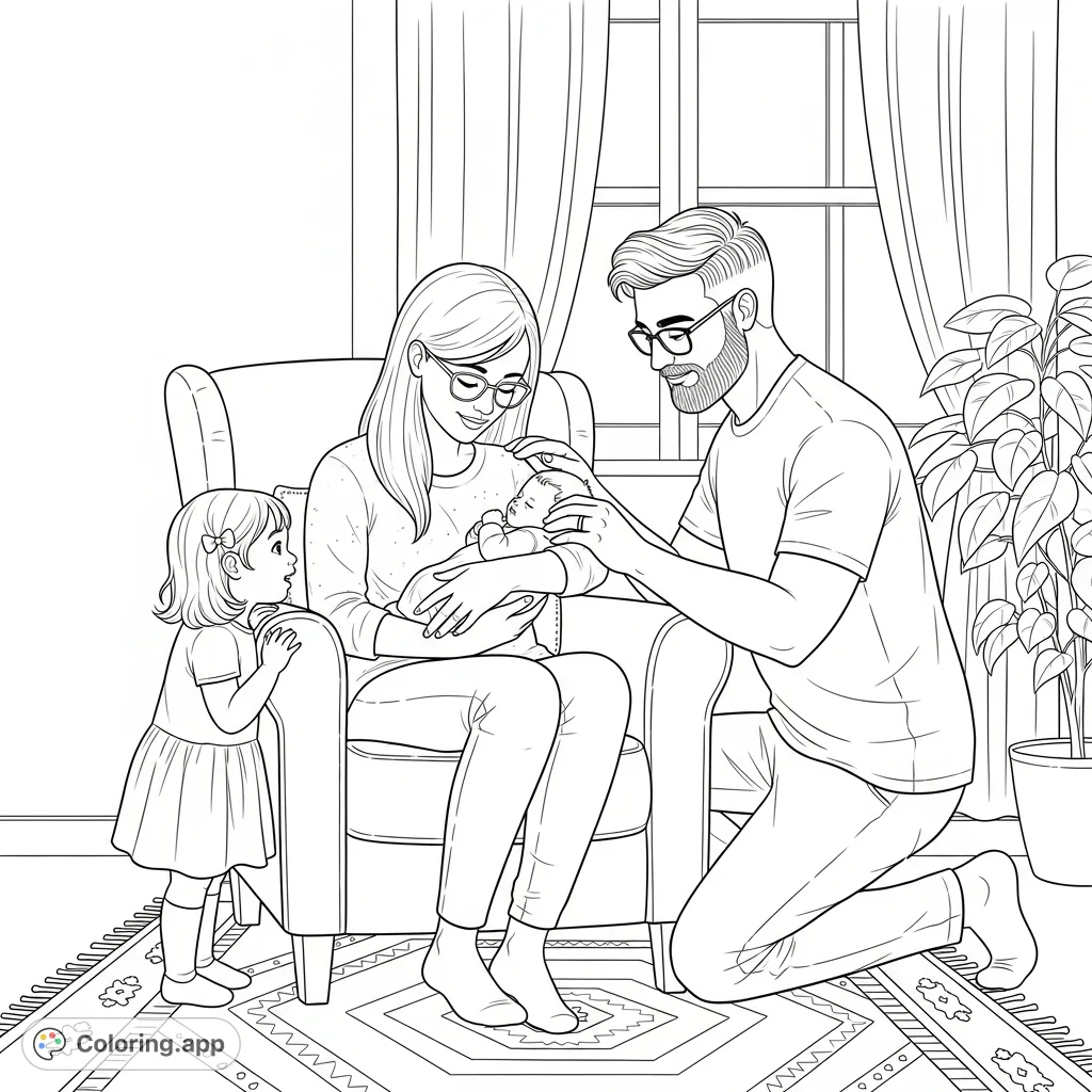 Celebrate new life with this heartwarming family coloring page featuring a cozy scene of a family welcoming their newborn baby.