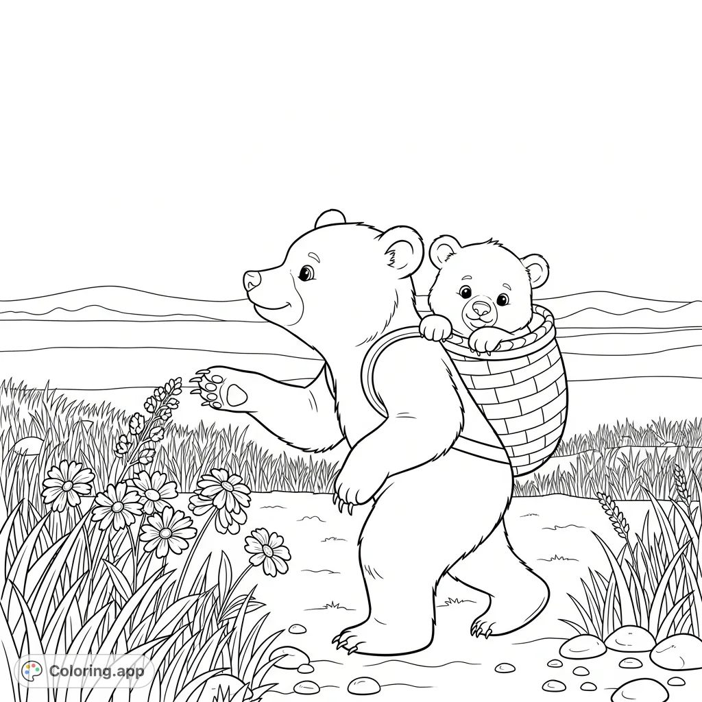 Adorable bear siblings explore a charming meadow. The older sister carries her baby sibling in a woven basket, pointing to wildflowers.