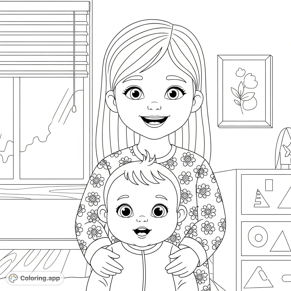 A heartwarming free printable coloring page featuring an older girl gently embracing a baby, set against a cozy home background with subtle patterns.