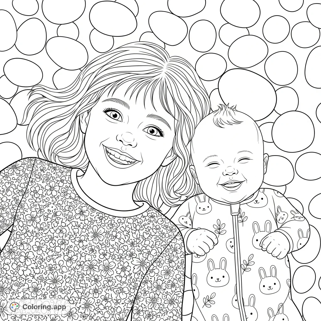 A heartwarming children coloring page featuring an older girl and a baby boy, both smiling. Adorned with delightful patterns and whimsical background ovals.