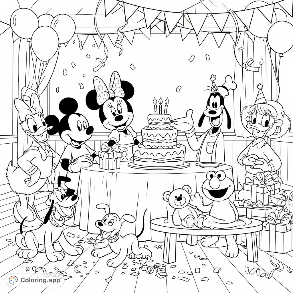 A delightful birthday party scene starring Mickey Mouse, Minnie, Donald, Goofy, Pluto, Elmo, Ms. Rachel, a puppy, and a teddy bear with cake and presents.