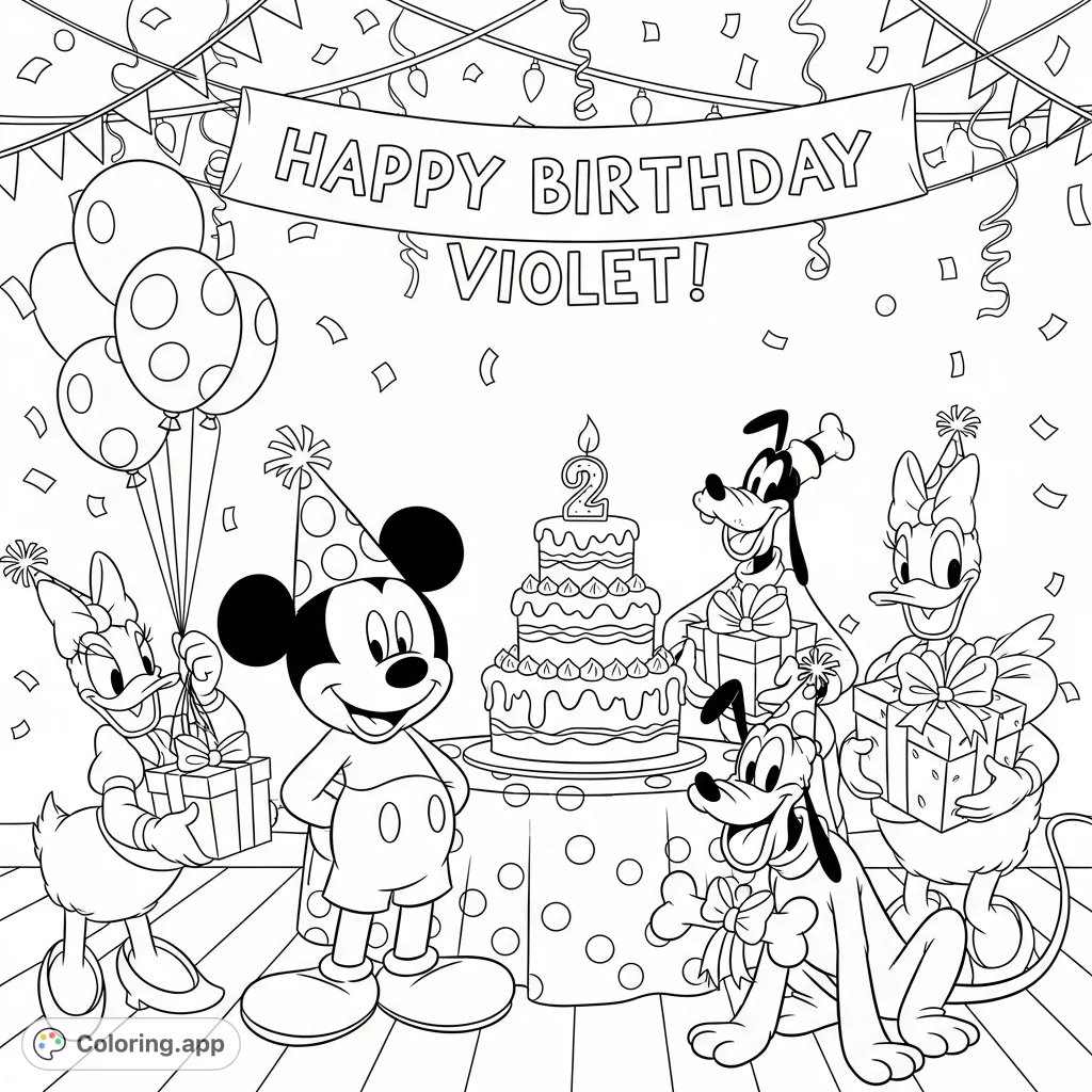 Join Mickey, Minnie, Donald, Daisy, Goofy, and Pluto at a festive birthday bash for Violet, complete with cake, gifts, and balloons. A joyful party scene.