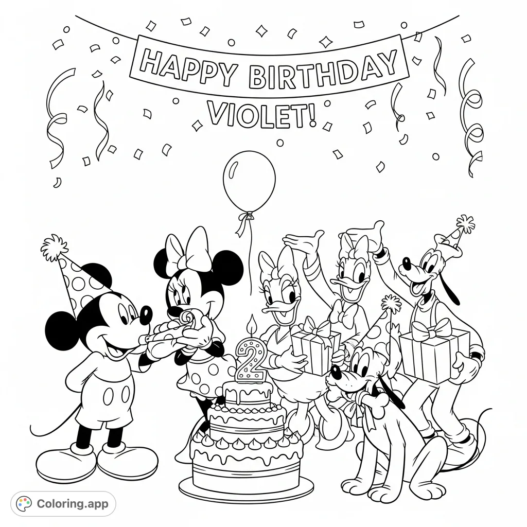 Join Mickey, Minnie, Donald, Daisy, Goofy, and Pluto celebrating Violet's birthday! This festive scene features cake, presents, and cheerful decorations for endless coloring fun.