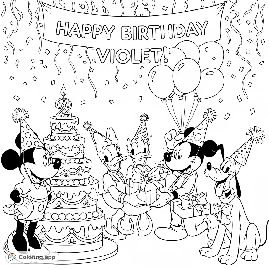 Join Minnie, Mickey, Donald, Daisy, Goofy, and Pluto celebrating Violet's birthday with cake, presents, and balloons. A joyous scene with beloved characters!