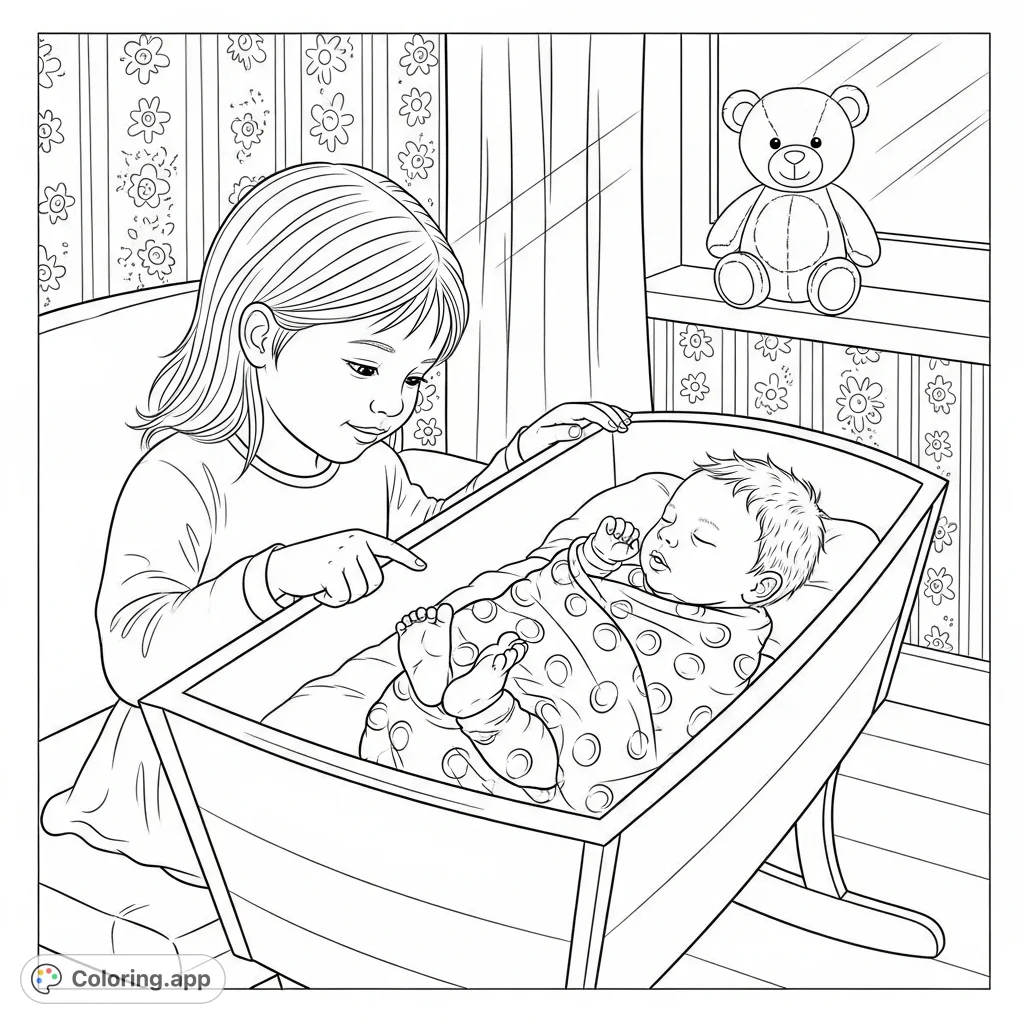 Capture the tender first meeting of a big sister and her newborn sibling. A heartwarming scene of family bonding, perfect for new families.