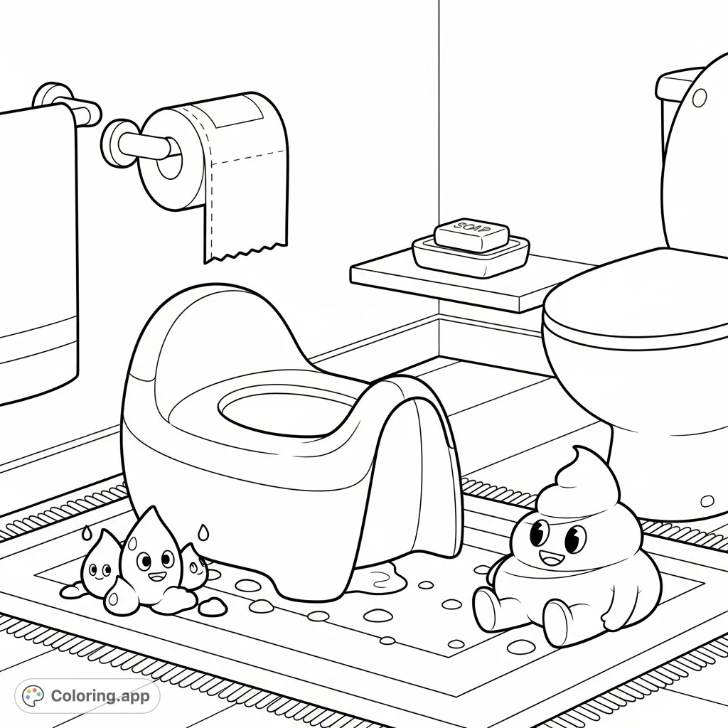 Explore a delightful potty training coloring page featuring a friendly poop character, playful pee drops, and essential bathroom items for kids.