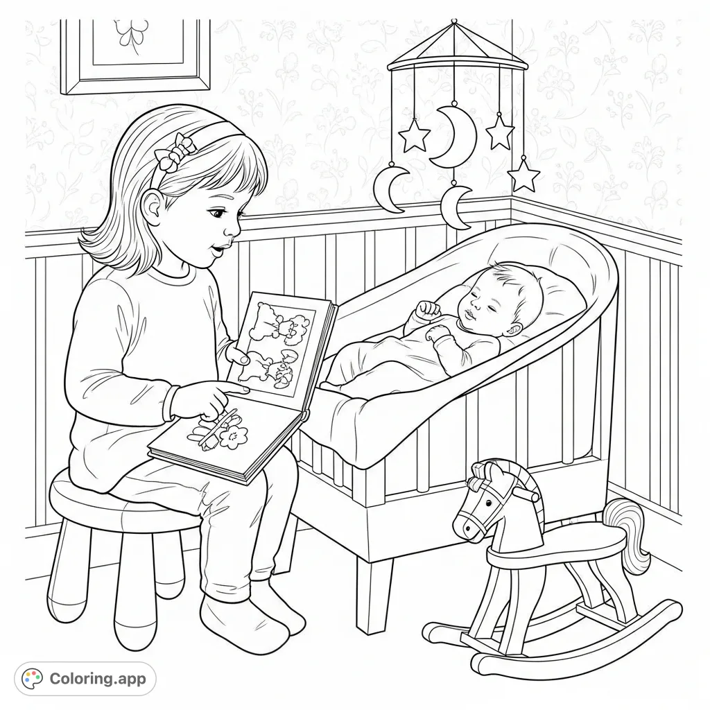 A heartwarming free printable coloring page featuring a big sister sharing a picture book with her newborn sibling in a cozy nursery scene. Perfect for kids!
