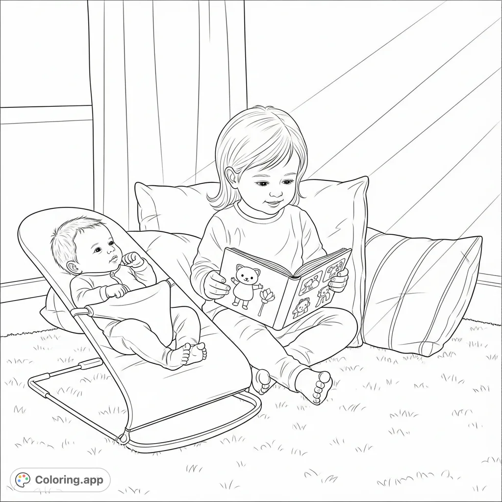 A heartwarming scene of a two-year-old big sister reading a storybook to her newborn sibling, bathed in gentle window light. A tender family moment.