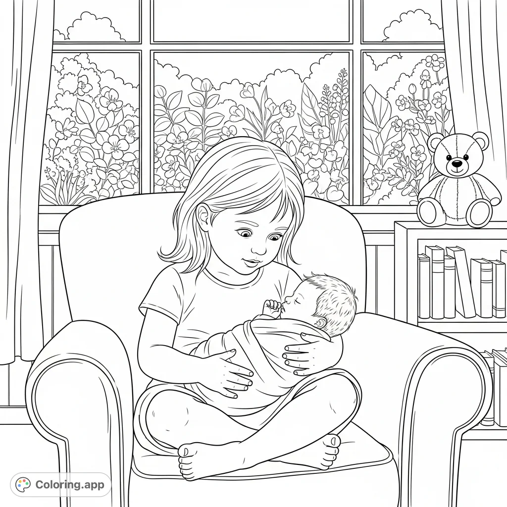 A heartwarming scene: a big sister lovingly holds her newborn sibling in a cozy armchair, with a serene garden outside the window and a teddy bear nearby.