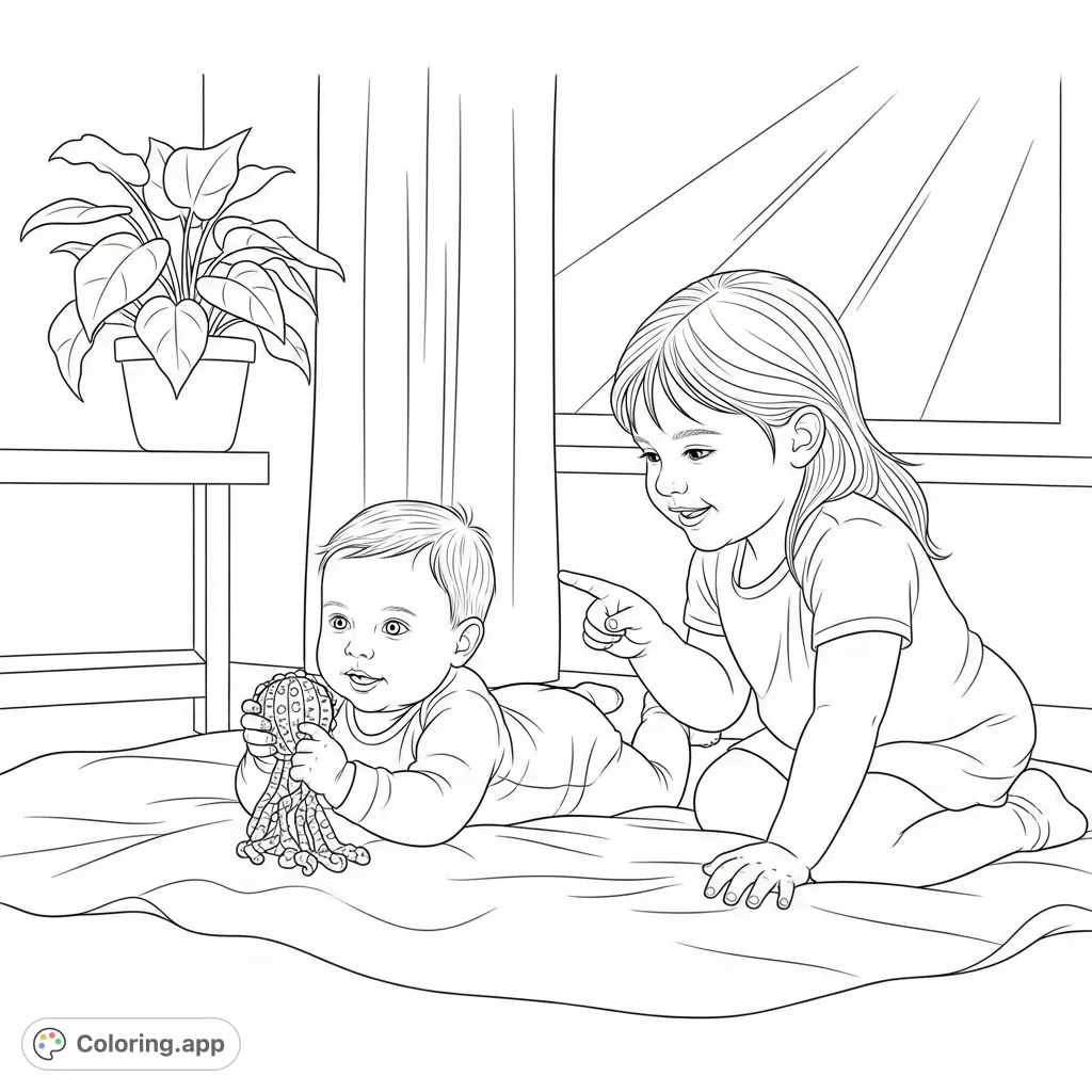 Capture the heartwarming moment of a big sister engaging her baby sibling with a toy. Perfect for a family-themed coloring page.