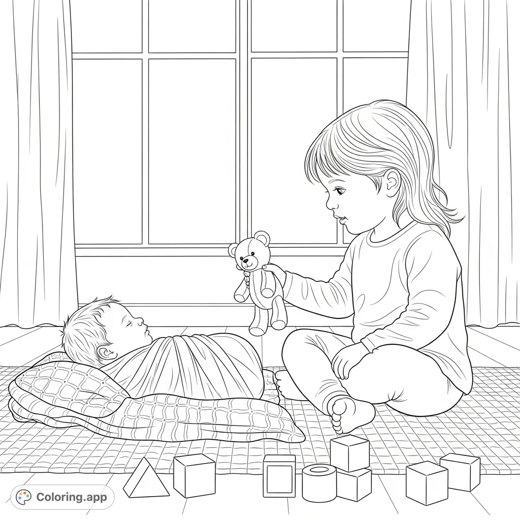 A heartwarming scene of a big sister tenderly interacting with her newborn sibling, offering a plush teddy bear amidst scattered building blocks. Perfect for family.