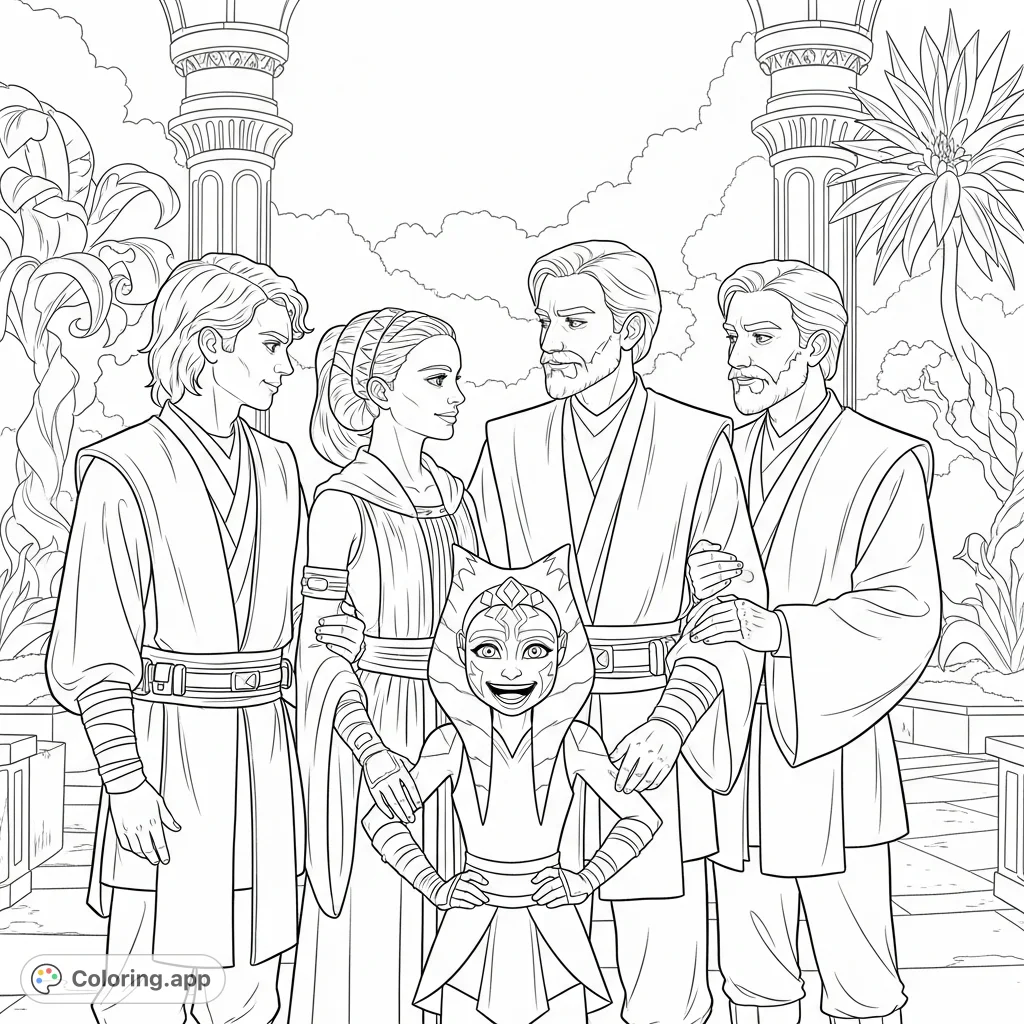 A heartwarming family portrait featuring Anakin Skywalker, Padme Amidala, Obi-Wan Kenobi, Siri Tachi, and Ahsoka Tano, celebrating their unique bonds.