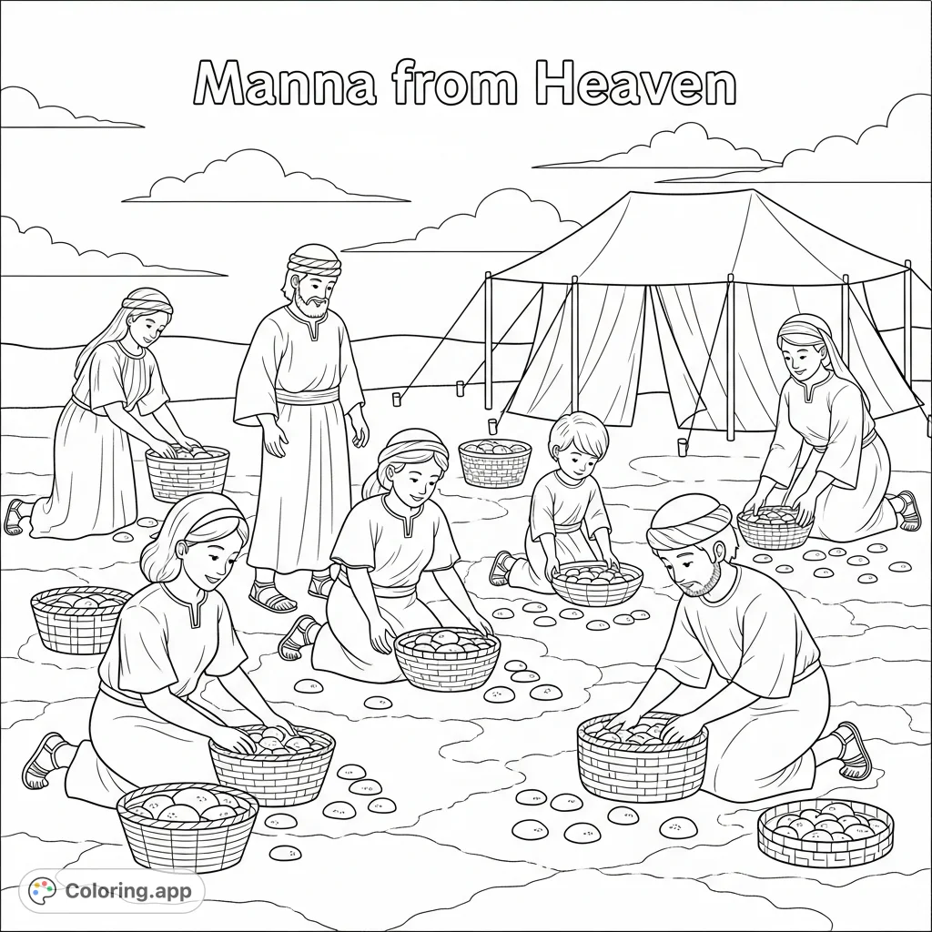 A heartfelt Biblical scene of families collecting manna, fostering reflection and creativity. Ideal for a calming and inspiring coloring page experience.