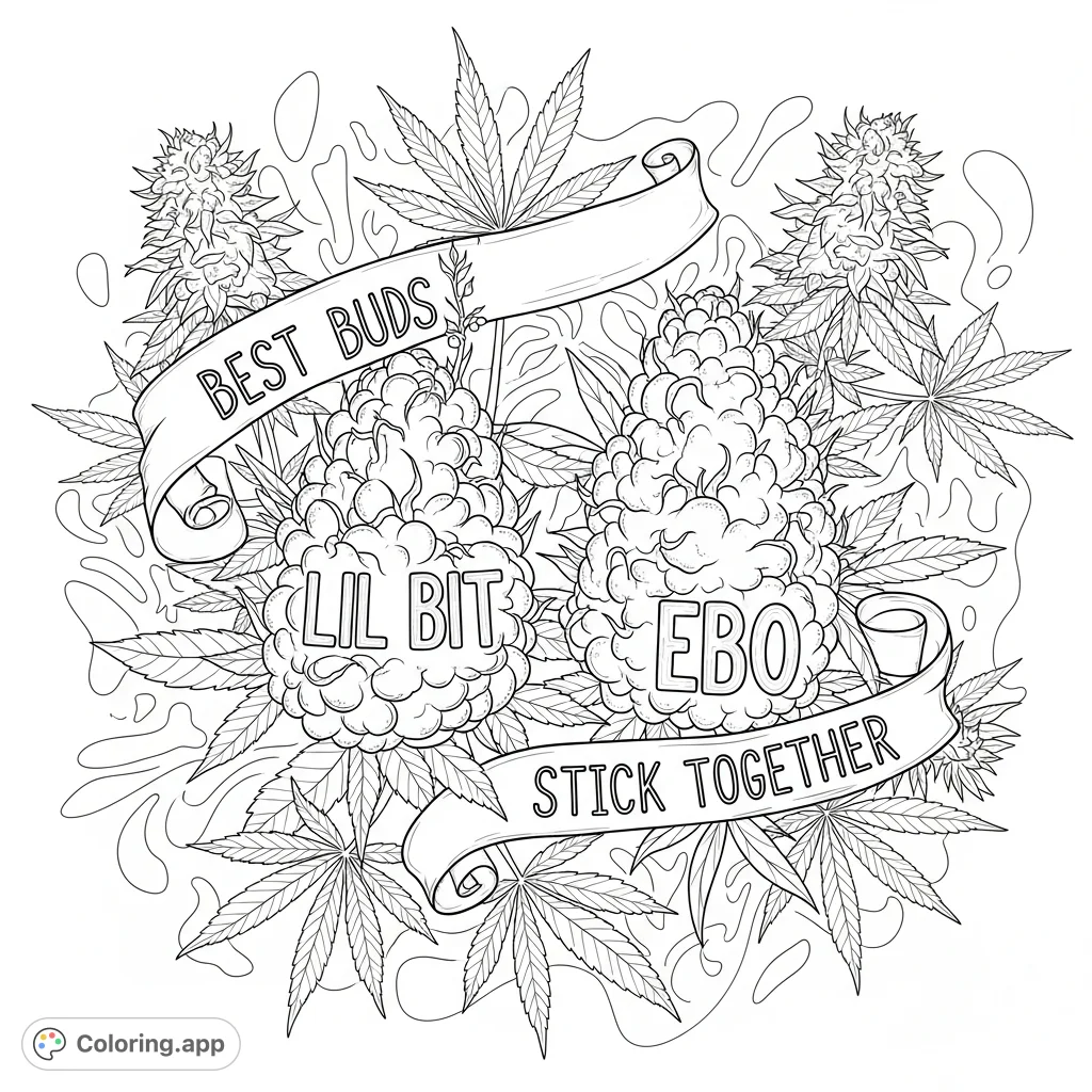 Celebrate friendship with this personalized weed buds coloring page featuring 'Lil Bit' and 'Ebo' amidst lush cannabis plants, proclaiming 'Best buds stick together'.