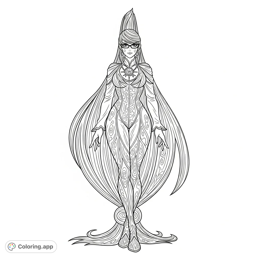 Unleash your creativity with this detailed Bayonetta coloring page, featuring the iconic Umbra Witch in a striking full-body pose, perfect for fans!