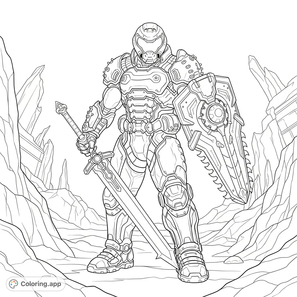 Unleash your creativity with this epic Doom Slayer coloring page! Featuring the formidable warrior in his Doom Eternal armor, wielding the Crucible and saw shield.