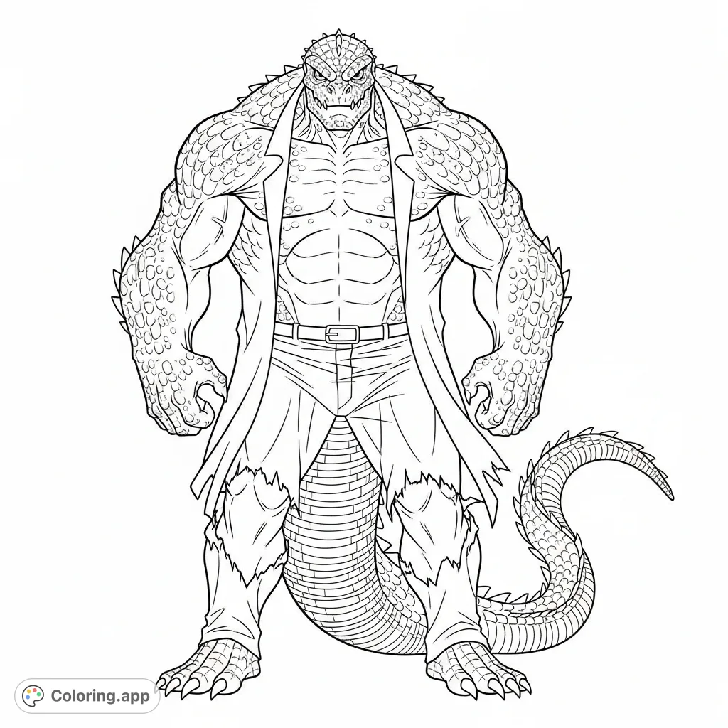 Depicts Marvel's formidable Lizard, a massive, scaly villain with razor fangs and a powerful tail, wearing tattered attire. A thrilling challenge for any colorist.