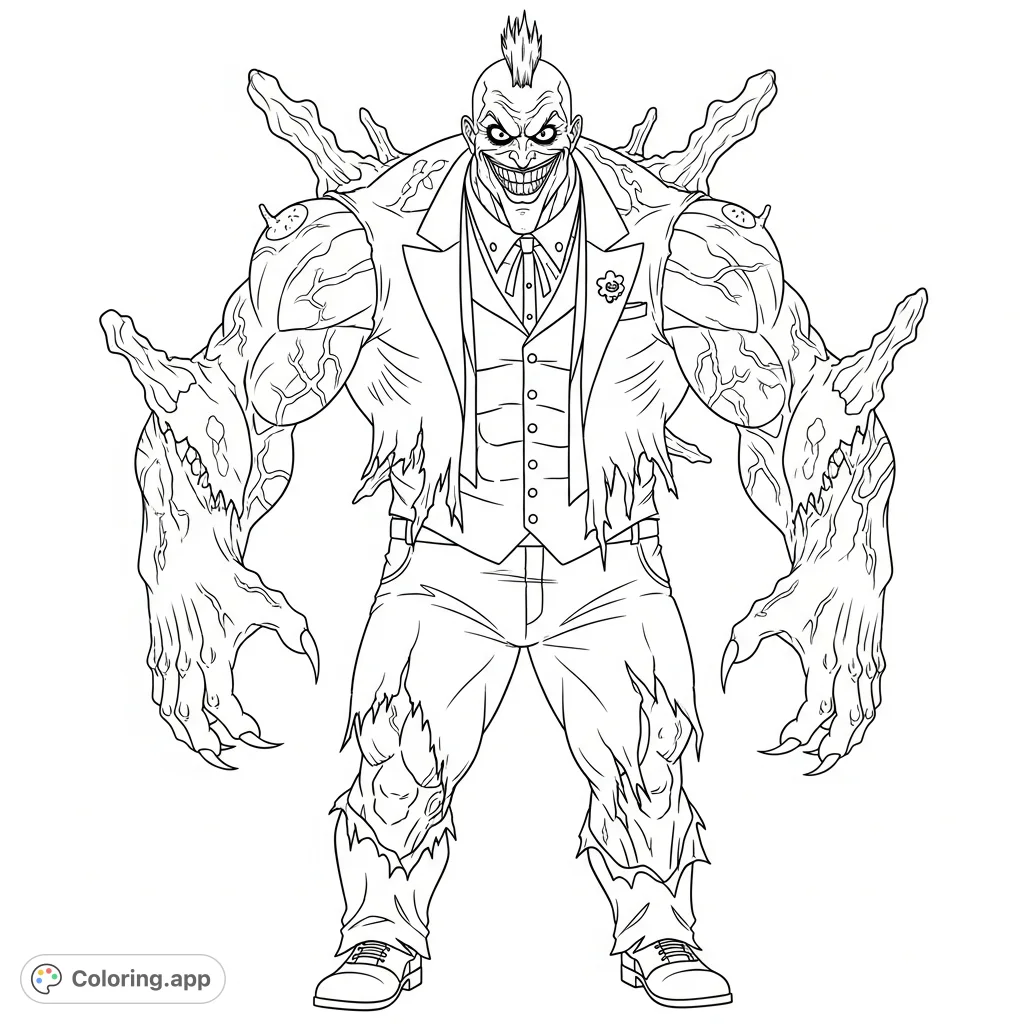 Unleash your creativity on this Arkham Asylum Joker coloring page! Features a mutated villain with torn flesh, protruding bones, and shredded attire.