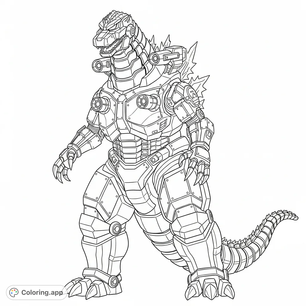 An imposing, realistic full body Mecha Godzilla coloring page, featuring intricate metallic plating, powerful weapon systems, and detailed mechanical joints from head to toe.