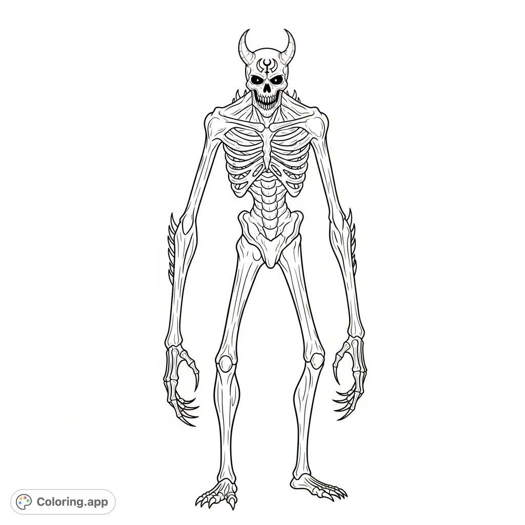 Unleash your creativity on this terrifying skeletal monster coloring page, featuring razor claws, hollow eyes, and a prominent demonic symbol. A challenging, grotesque creature.