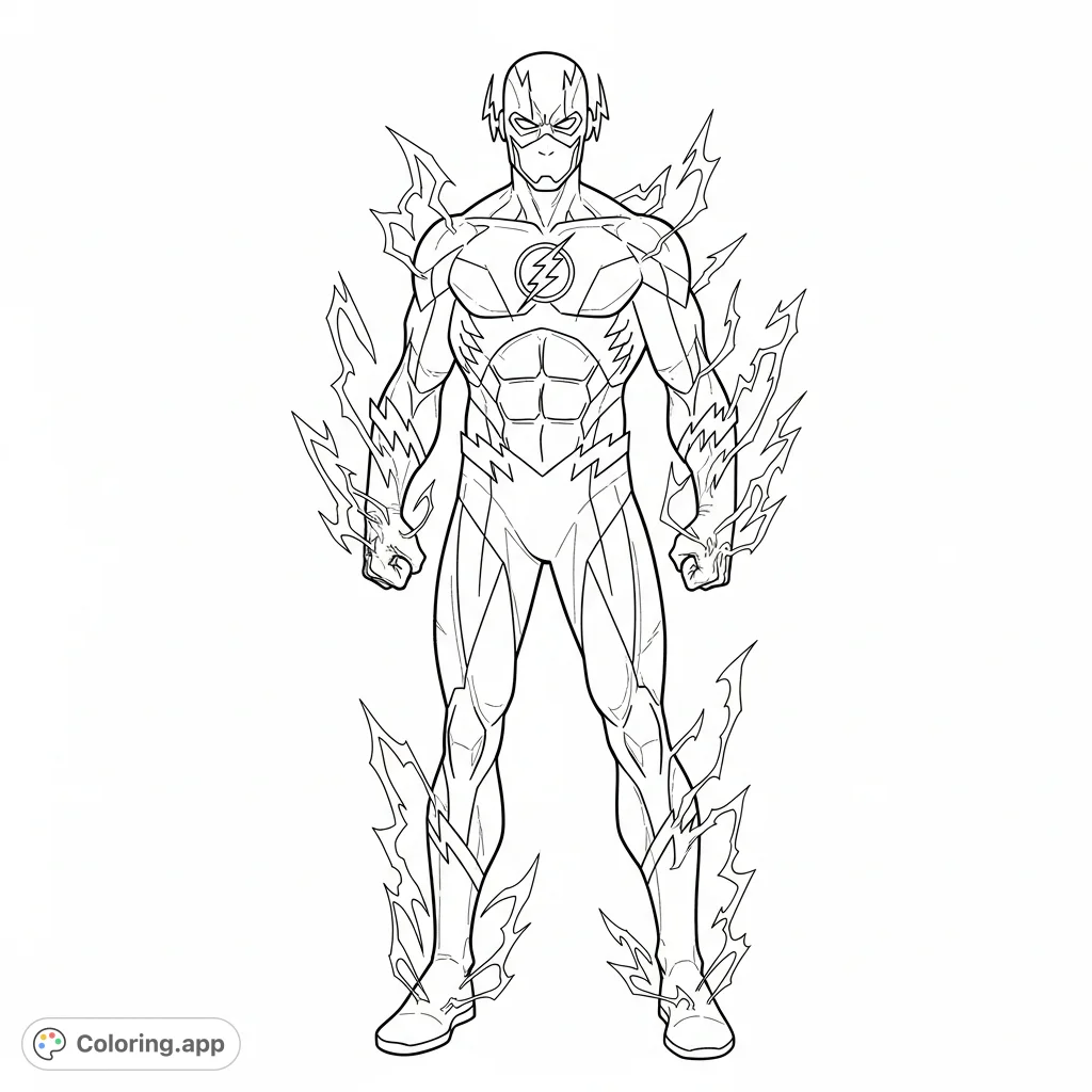 A powerful depiction of The Black Flash from DC Comics, standing menacingly with dynamic energy tendrils emanating from his form, perfect for detailed coloring.