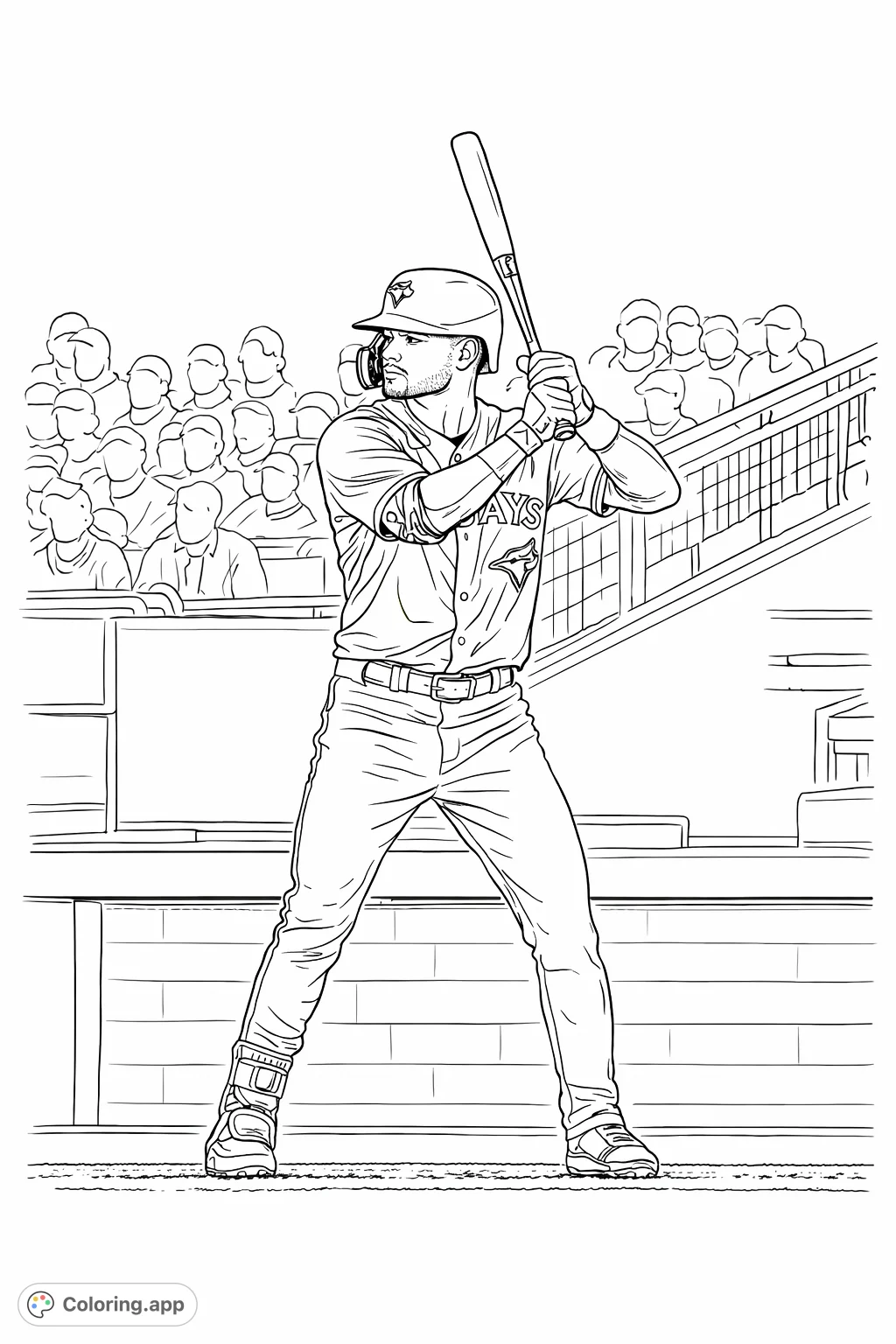 Color a baseball player in a batting stance, featuring detailed uniform elements, bat, and helmet against a stadium background. Perfect for sports fans!