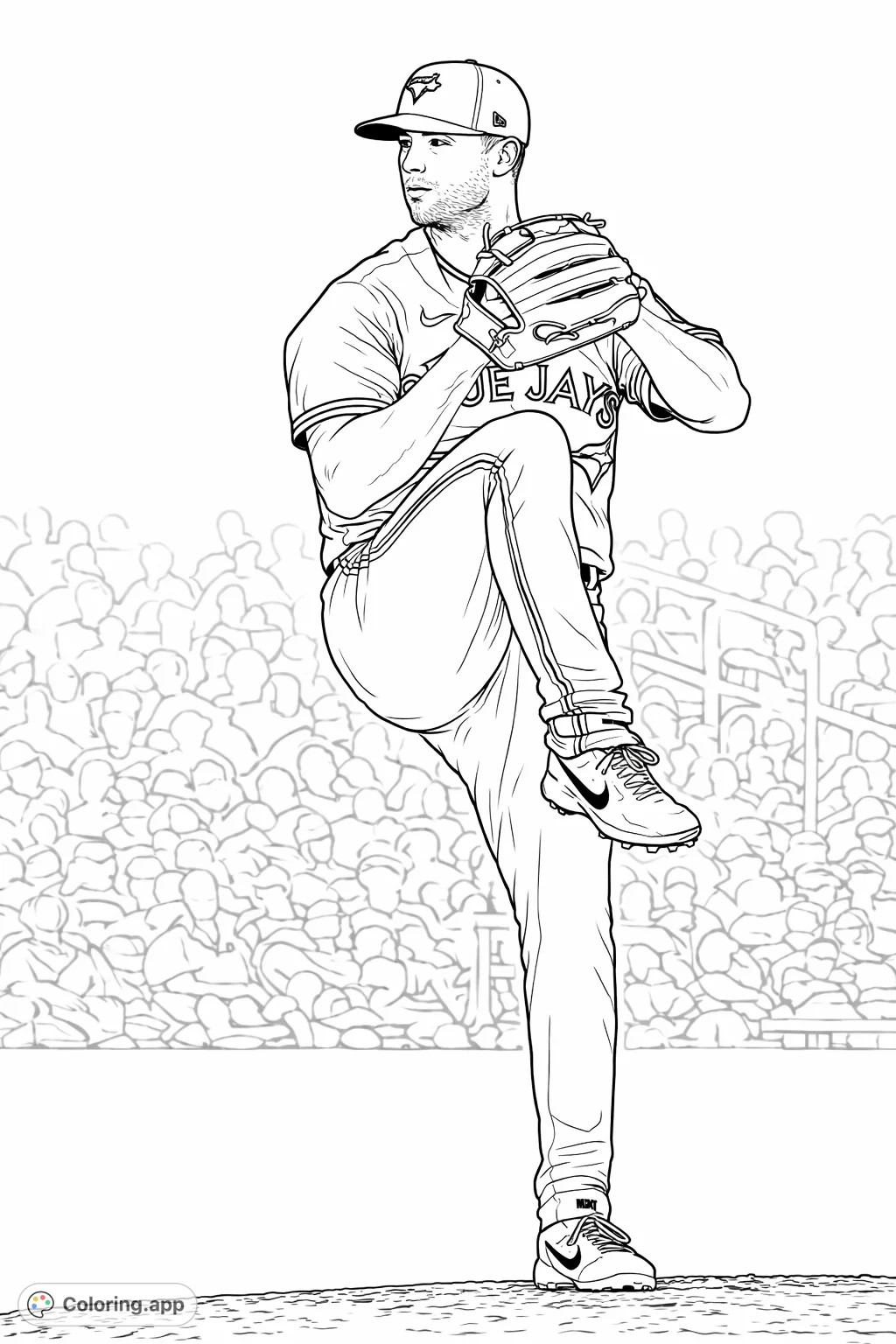 Capture the intensity of a baseball game with this dynamic coloring page featuring a pitcher in mid-throw on the mound.