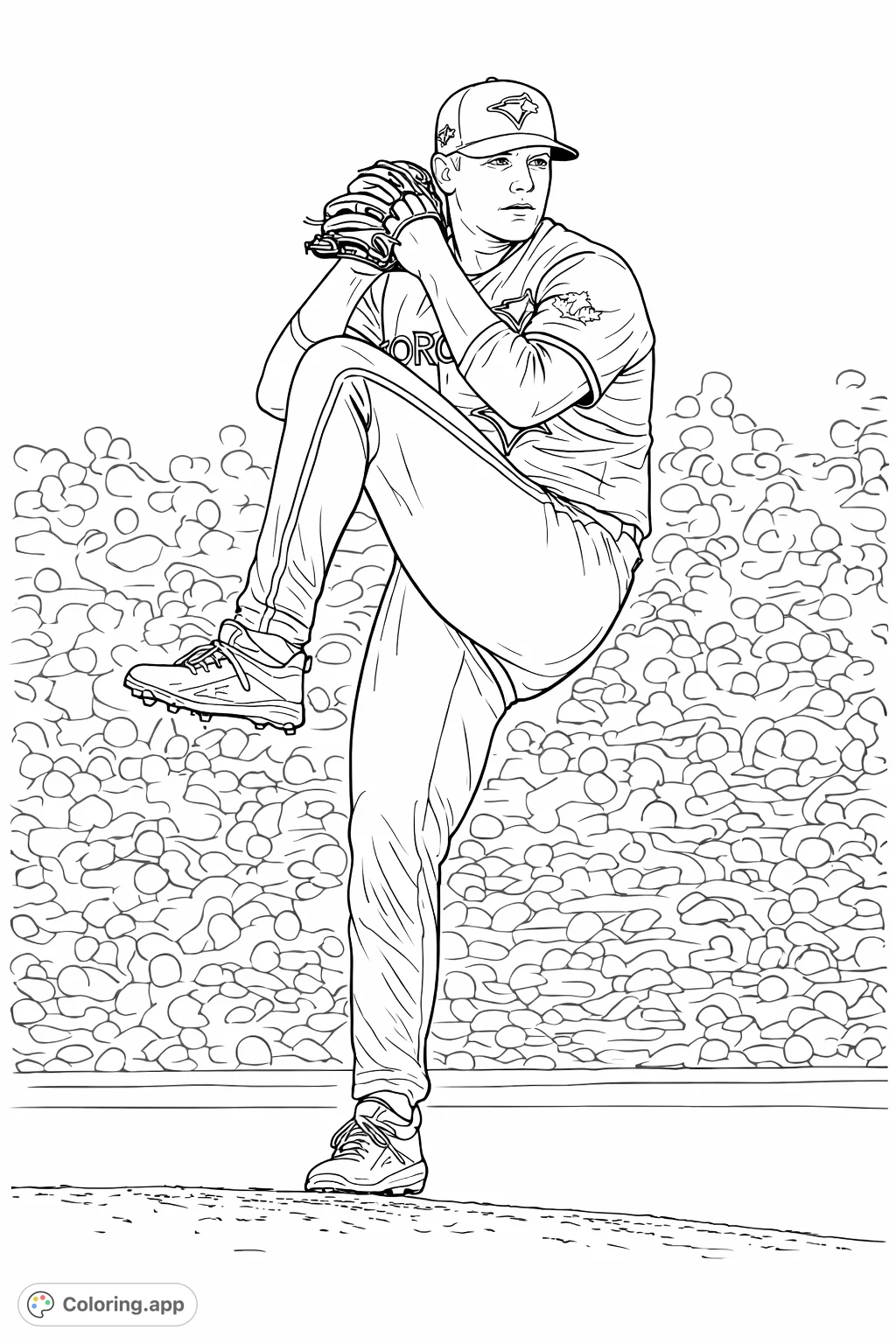 Capture the intensity of a baseball pitcher mid-windup on the mound. A detailed sports coloring page featuring dynamic action and stadium atmosphere.