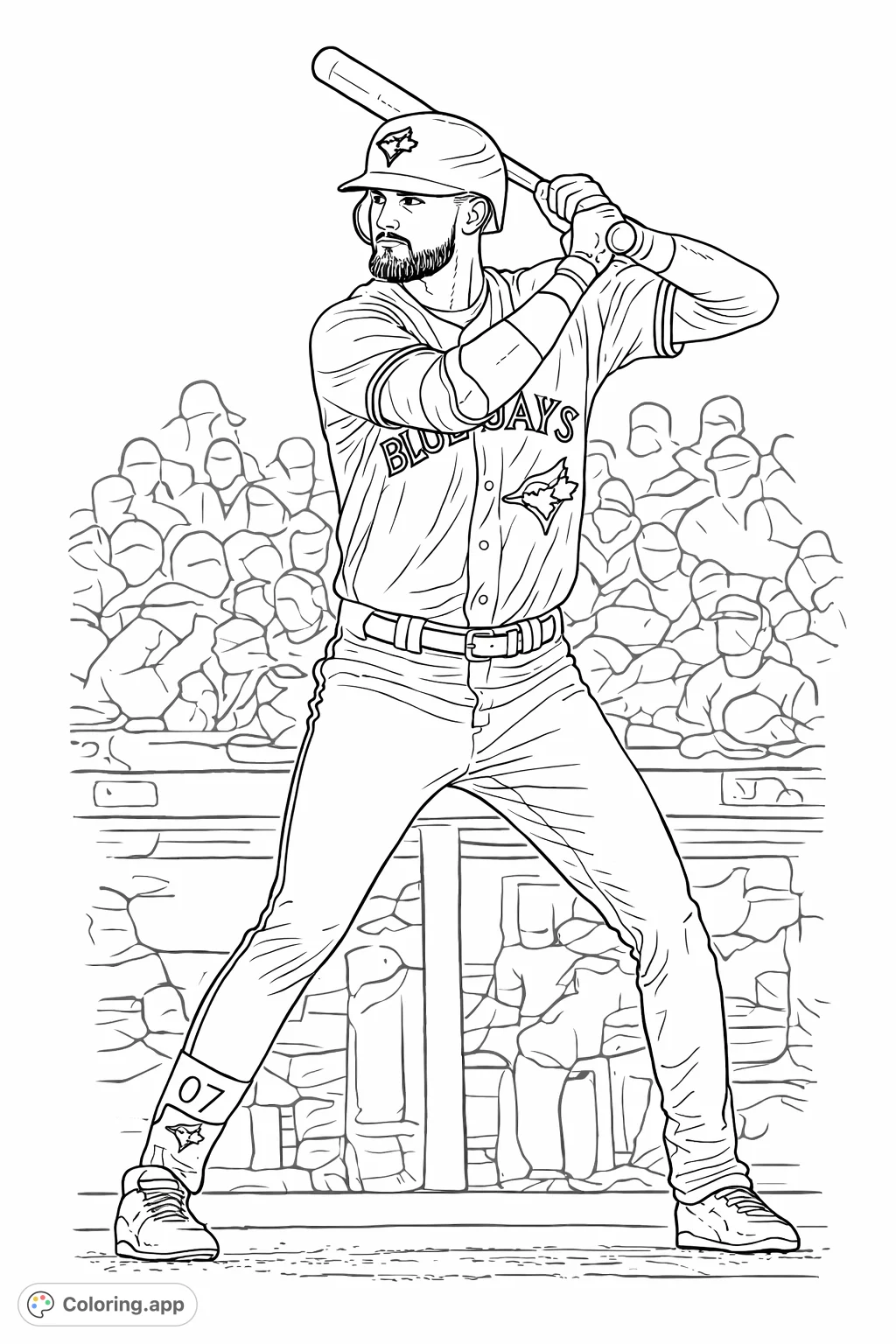 Dynamic baseball player coloring page in a focused batting stance, featuring detailed uniform elements and stadium background. Free printable for all sports fans!