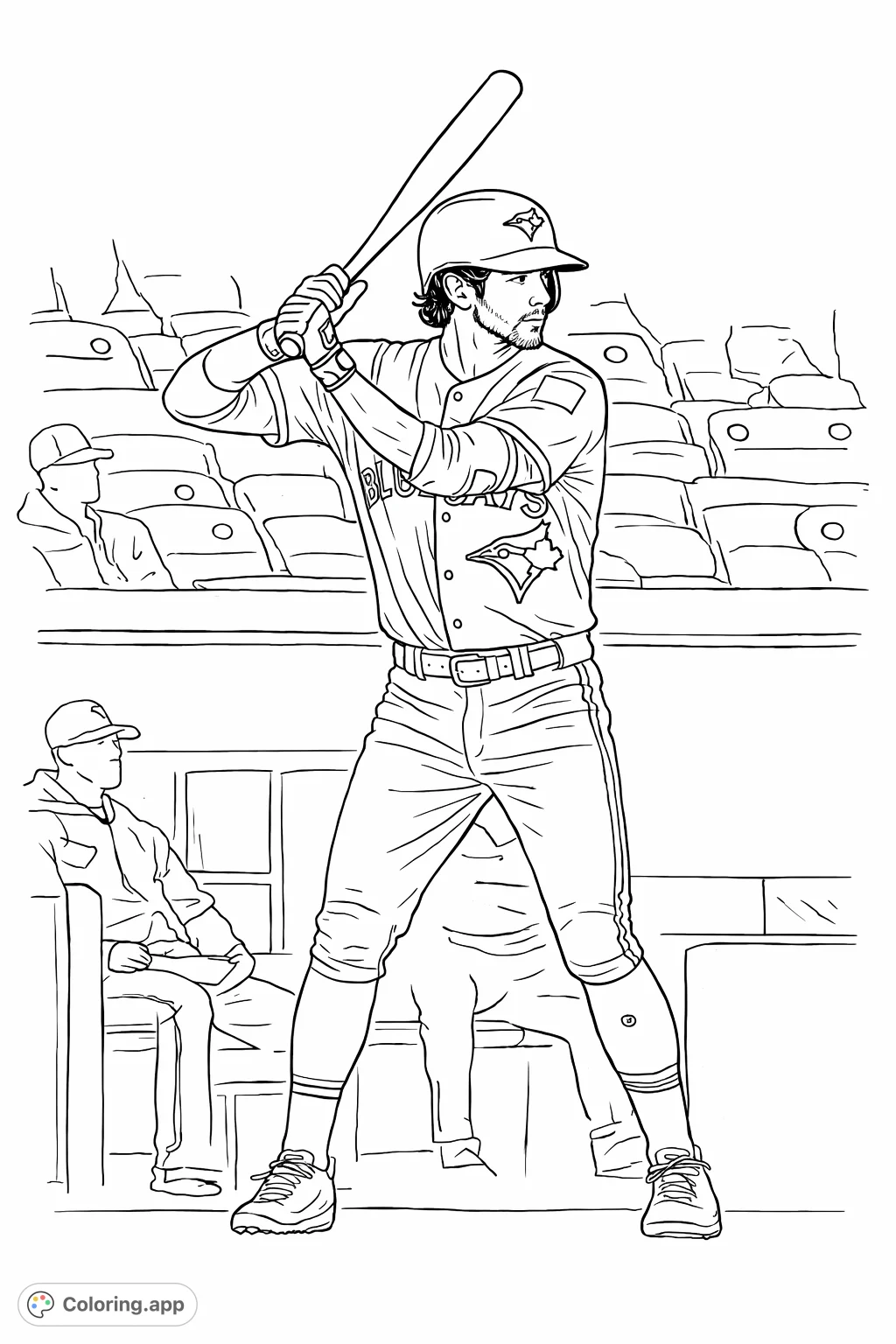 Capture the excitement of a baseball game with this action-packed coloring page featuring a player at bat, ready to hit a home run.