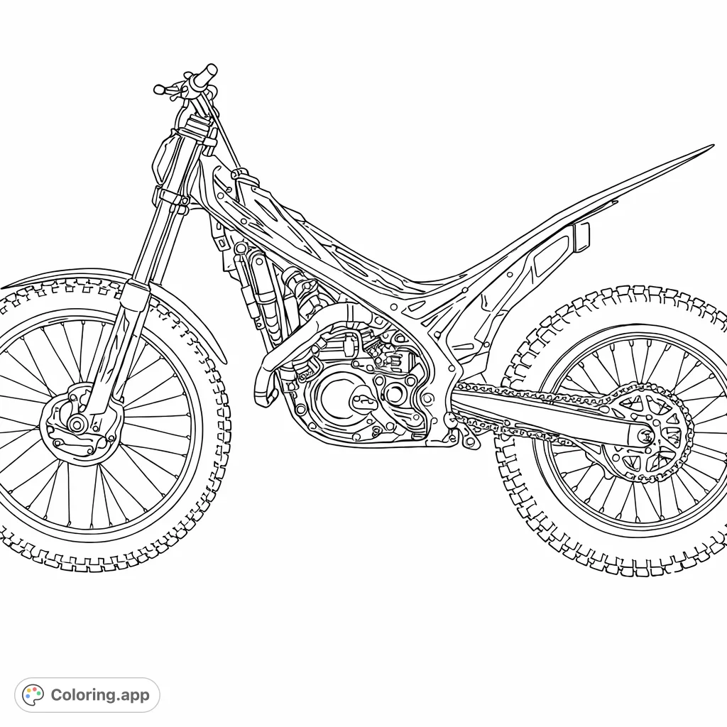 Detailed line art of a trials motorcycle, perfect for vehicle enthusiasts to customize. Features intricate engine and frame details for a fun coloring challenge.