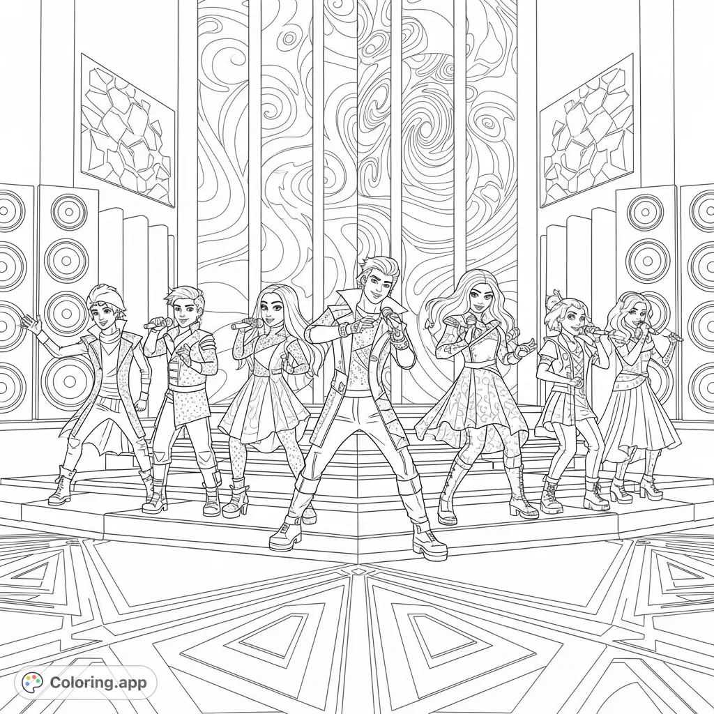 An epic Descendants and Zombies worlds collide tour coloring page! Mal, Evie, Jay, Carlos, Addison, Zed, Eliza, and Bonzo perform energetically on stage, perfect for fans.