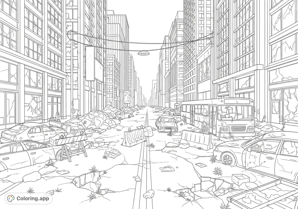 Explore a desolate city street, a month after an outbreak. Overgrown decay, abandoned vehicles, and silent structures under the midday sun create a gripping scene.