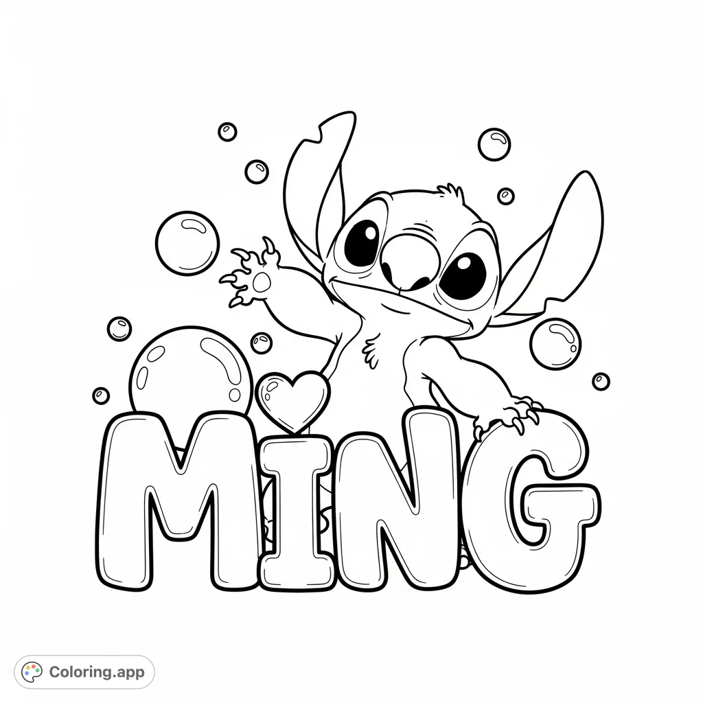 A delightful Stitch coloring page featuring Stitch playfully hiding behind bubble letters spelling "MING" with a heart over the 'I'. Perfect for fans!