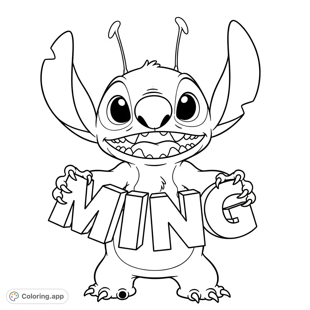 An adorable Stitch coloring page featuring the beloved character cheerfully holding a personalized 'MING' sign. Perfect for fans to color and customize!