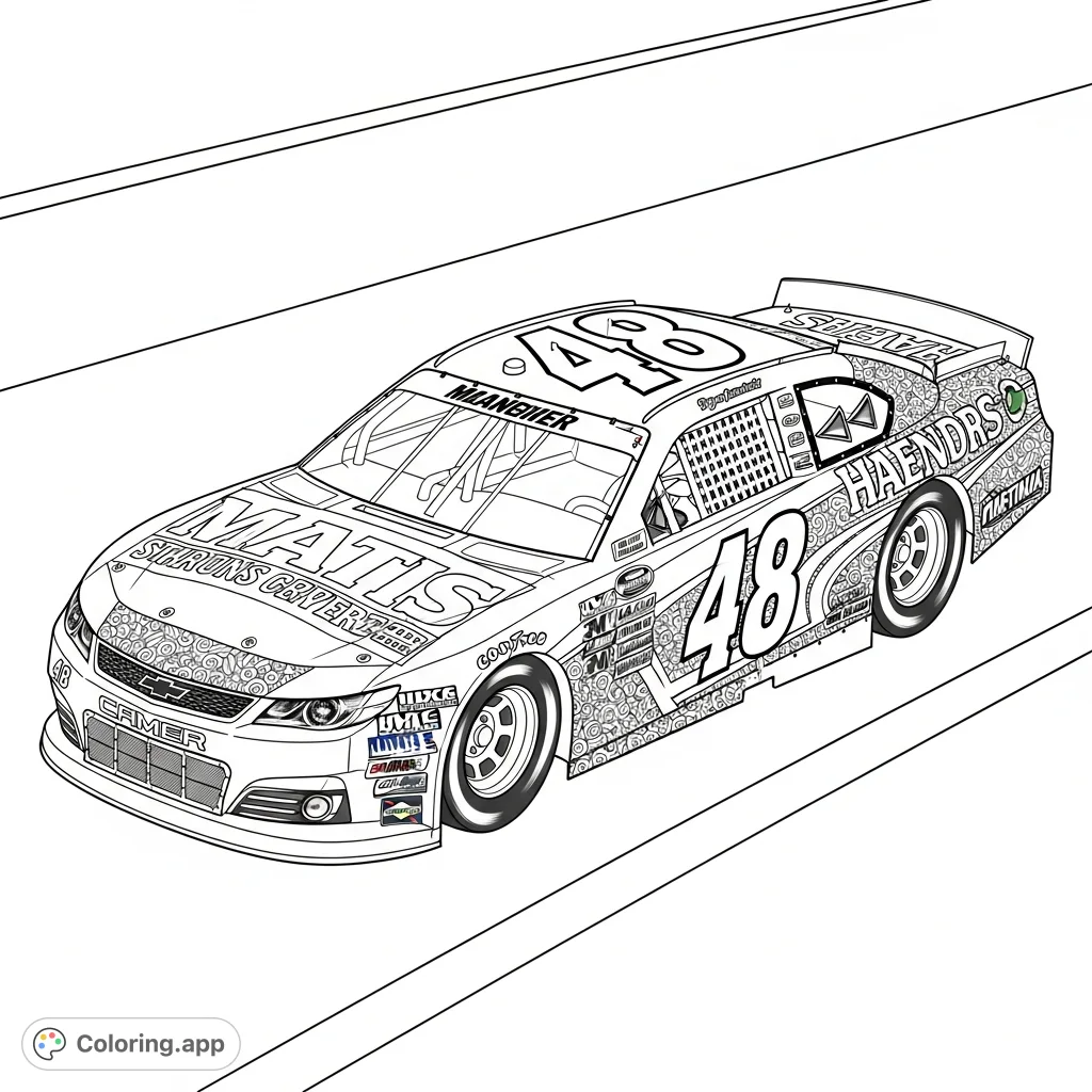 An action-packed stock car '48' with aerodynamic features, sponsor logos, and race track details, perfect for speed enthusiasts to color.