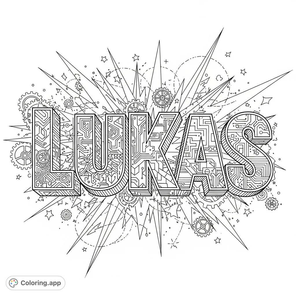 A dynamic and intricate Lukas name coloring page, featuring stylized letters with detailed patterns and contemporary decorative elements, perfect for teens.