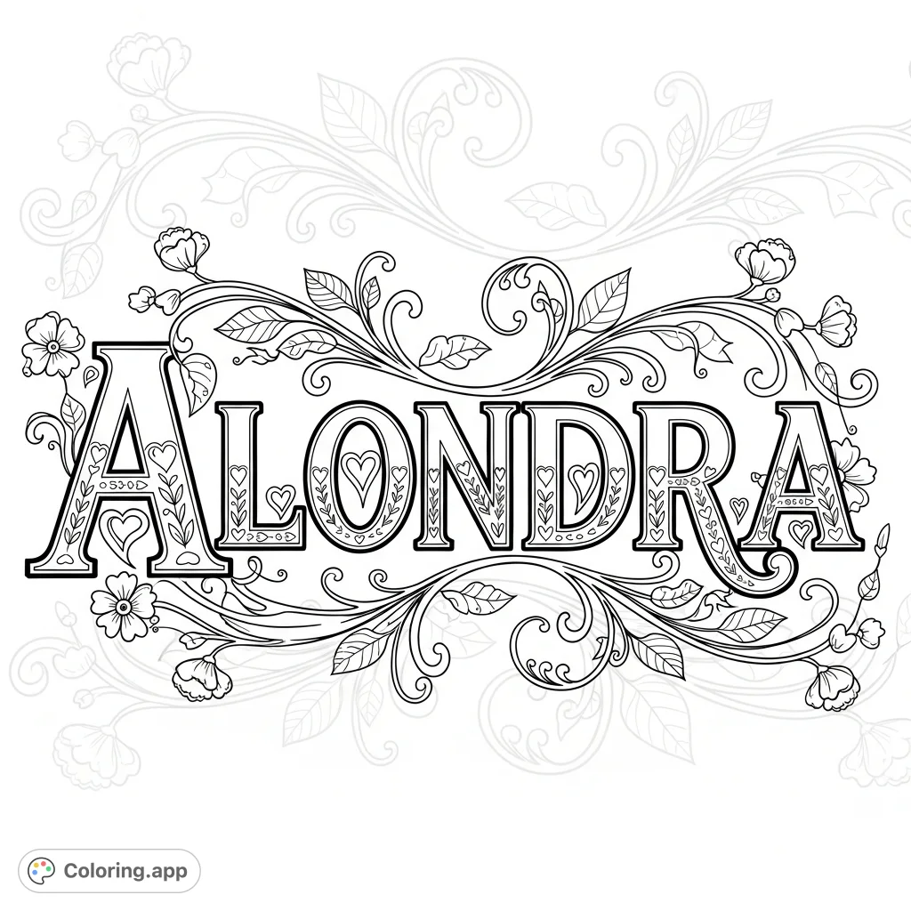 Personalize the name ALONDRA with this elegant floral name coloring page. Features a beautiful script intertwined with delicate flowers and vines, perfect for all ages.