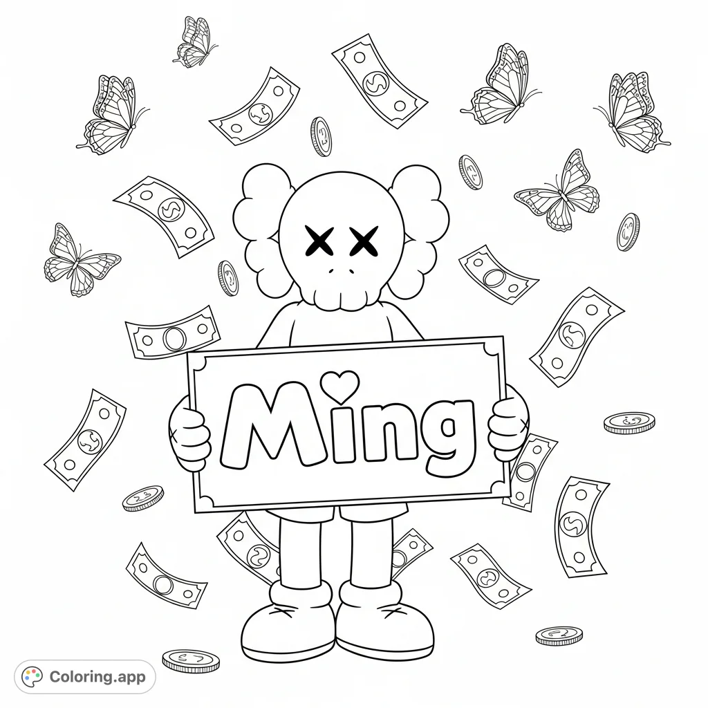 A charming Elmo Kaws holds the personalized name 'Ming' with a heart, surrounded by playful falling money and whimsical butterflies. A fun coloring page!