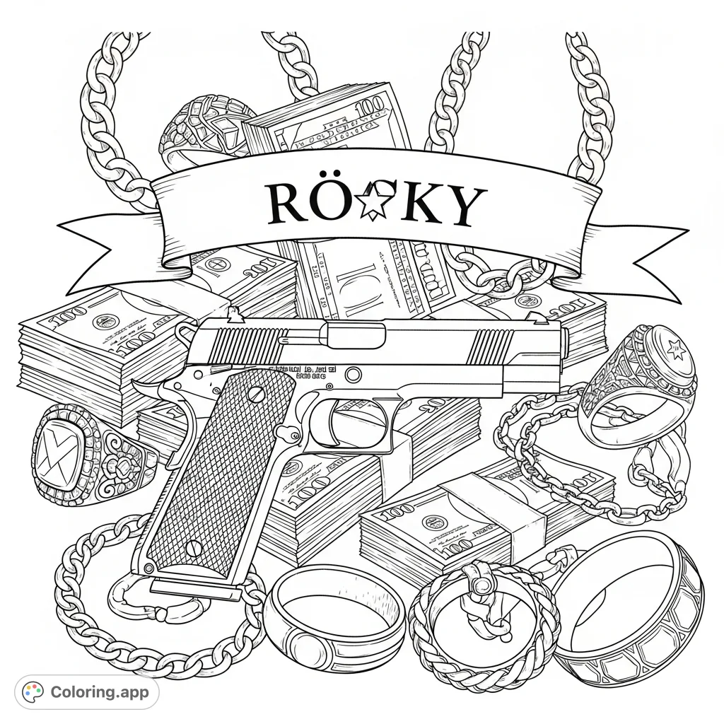 Immerse yourself in a lavish scene featuring a detailed handgun, opulent jewelry, and stacks of currency, personalized with "rɪcky" and a star. A unique luxury-themed coloring page.