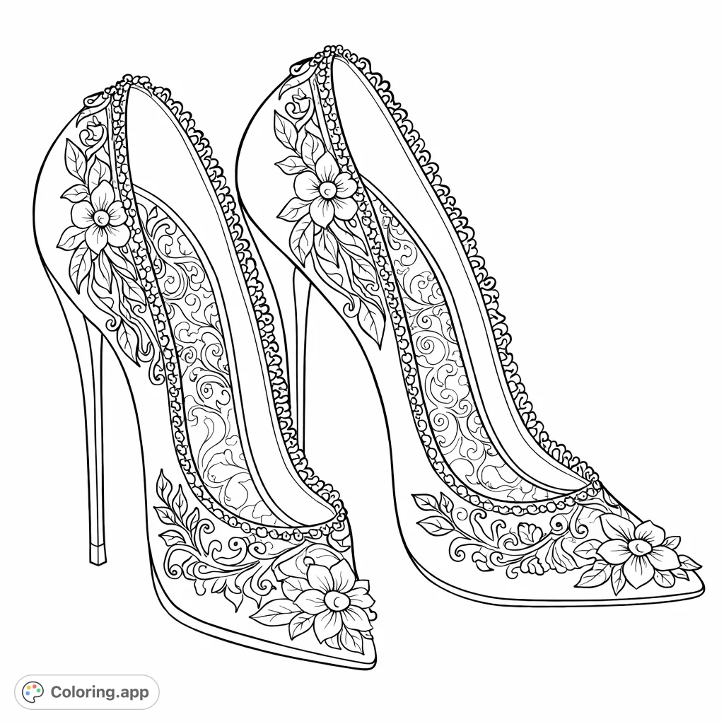 Step into sophistication with this intricate high heels coloring page featuring delicate lace and beautiful floral patterns. Perfect for fashion lovers!