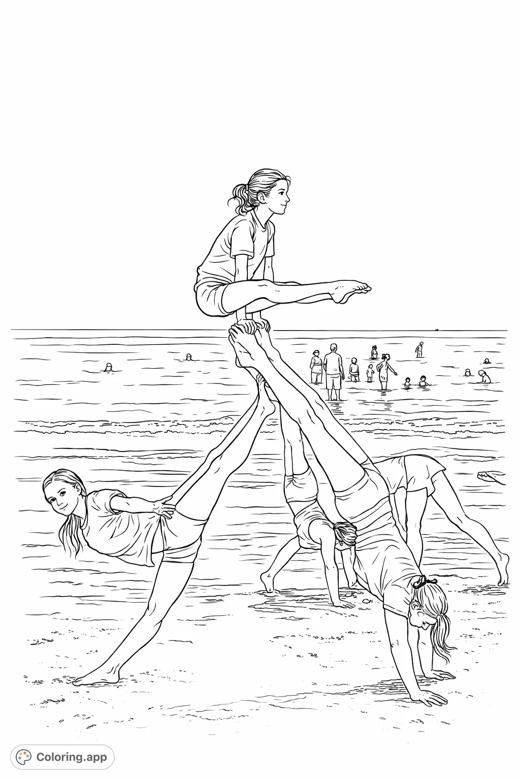 Witness an impressive human pyramid formation by gymnasts on a sunny beach, with the ocean in the background. A fun, active scene!