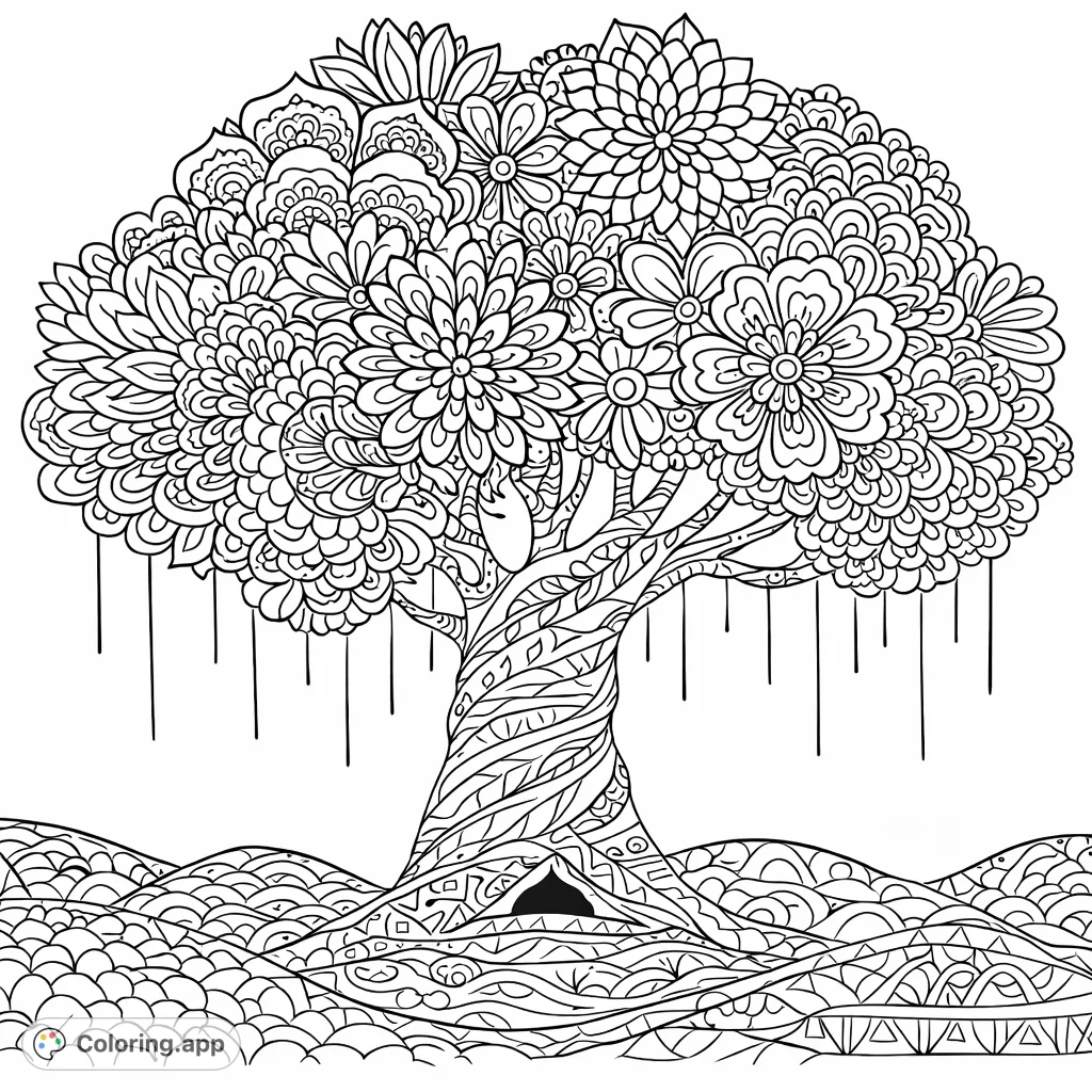Discover a stunning, intricately patterned tree with elaborate floral foliage and detailed ground patterns. A captivating challenge for mindful coloring.